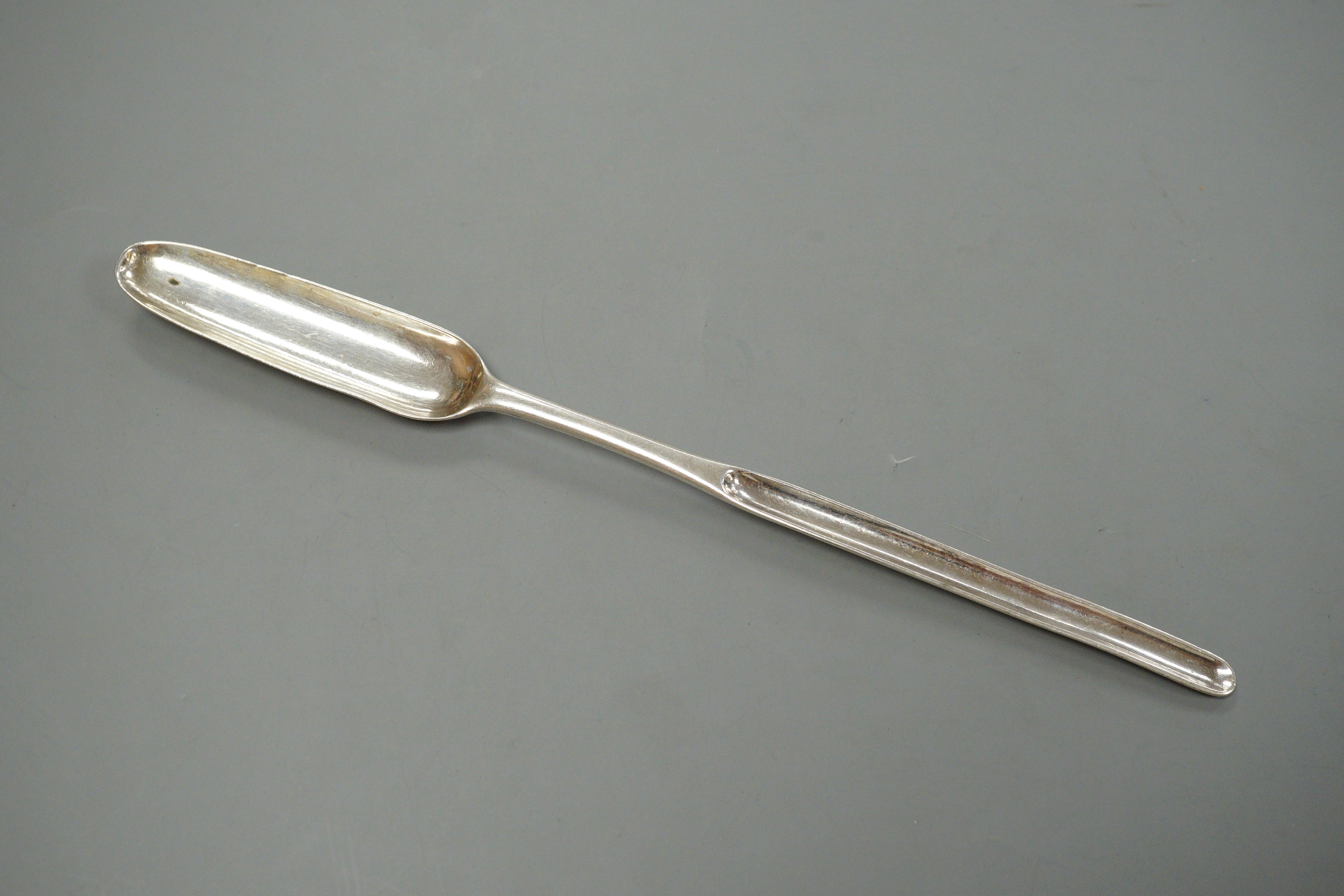 A George II silver marrow scoop, William Turner?, London, 1757, 22.5cm.